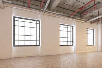 Interior design of empty modern loft industrial style decor living room with stylish window and wooden floor for open living space, indoor building industry ceiling design for 3D rendering.