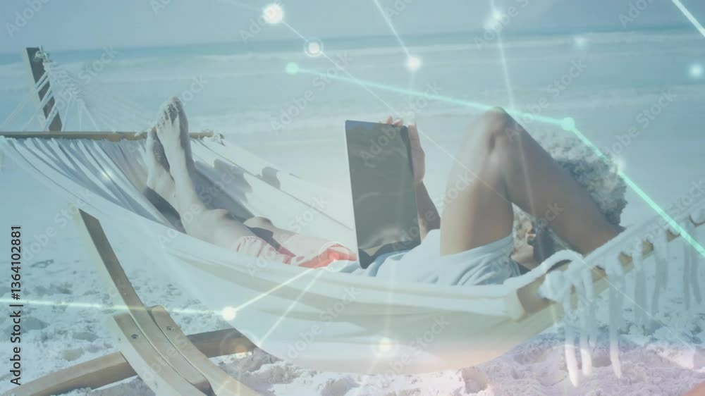 Poster person relaxing in hammock on beach with digital network animation overlay
