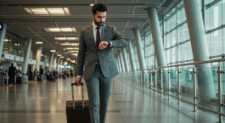 Fototapeta premium Businessman traveling through airport terminal with luggage