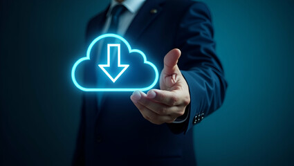 Businessman showing virtual glowing cloud computing download loading data upload system network application data transfer technology transformation concept concept as Watercolor illustration of busine