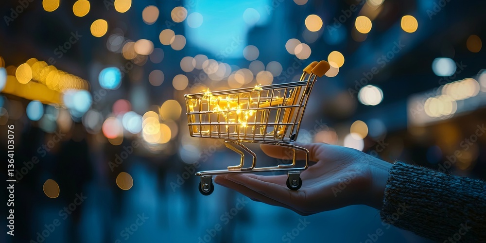 Poster hand holding glowing shopping cart symbolizing e-commerce and digital shopping experience in urban n