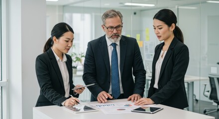 Business strategy meeting with professionals analyzing documents in modern office setting