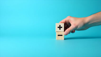 Fototapeta premium Strategic Decision Making in the Workplace: Balancing Pros and Cons with Flat Hand Choosing Wood Block Symbols on Blue Background - A Cute Vector Illustration