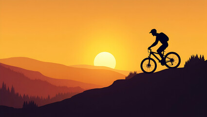 Fototapeta premium Flat Silhouette of Mountain Biker Riding on Rocks at Sunset: Embrace Adventure in Outdoor Sports and Nature's Beauty During Golden Hour - A Cute Vector Illustration