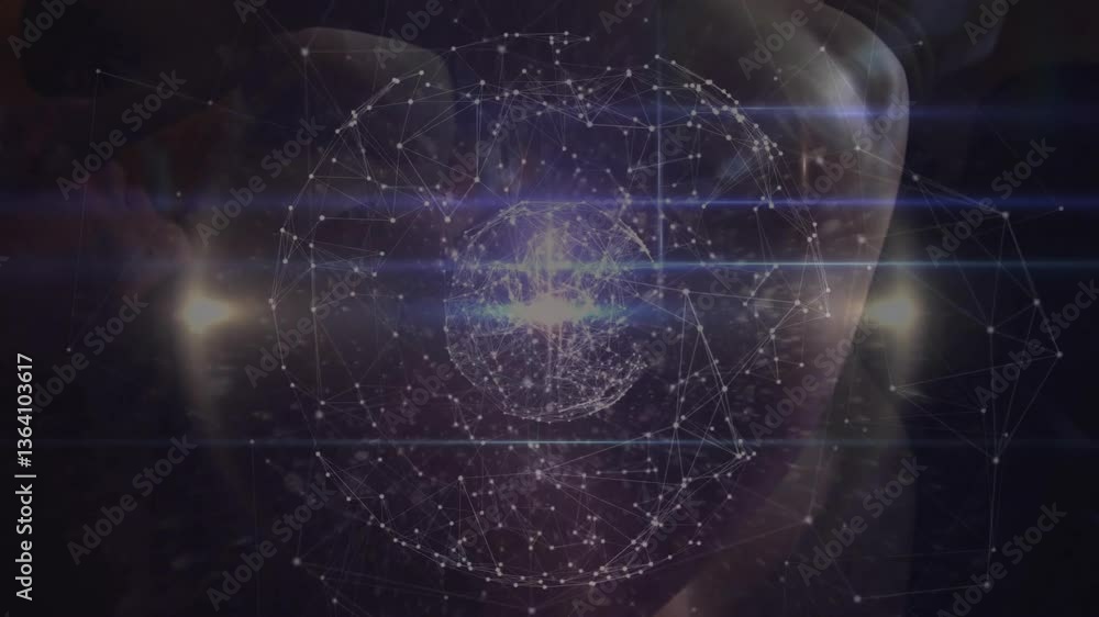 Poster network of connections and data processing animation over human face in background