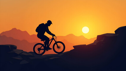Flat Silhouette of Mountain Biker at Sunset: Adventure Outdoor Sports & Nature's Beauty