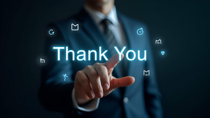Flat Hand Interacting with Holographic Thank You Message Interface: A Cute Vector Illustration Symbolizing Gratitude and Appreciation in Business Interactions