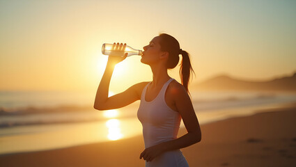 Hydration Health: Beautiful Woman Enjoying Water in the Morning - A Cute Vector Illustration of an Active Lifestyle for Wellness Enthusiasts