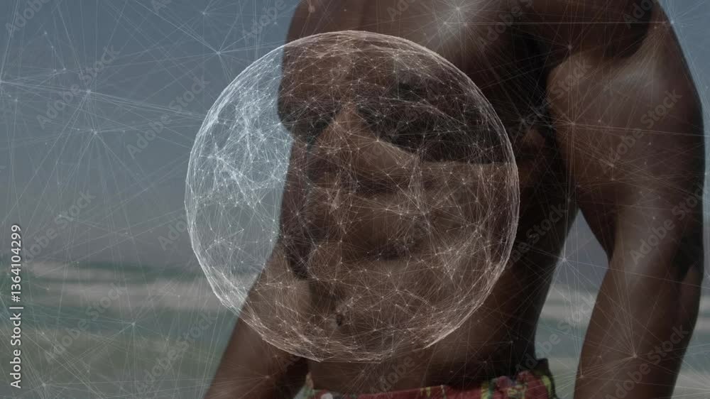 Poster network of connections and data processing animation over person at beach