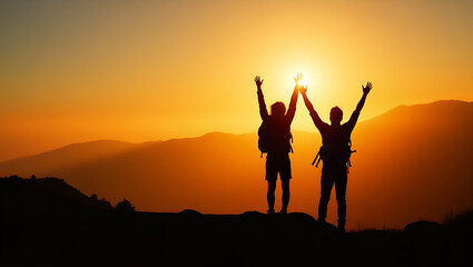 Fototapeta premium Cheering Hiking Couple Silhouette at Sunrise: Symbol of Achievement & Freedom