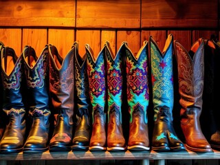 Row of Colorful Cowboy Boots on Wooden Shelf