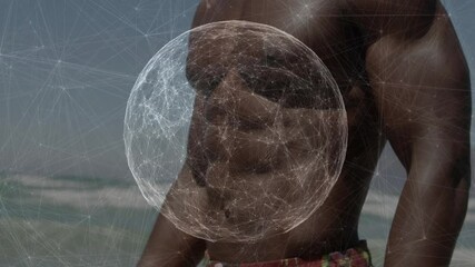 Network of connections and data processing animation over person at beach - Powered by Adobe