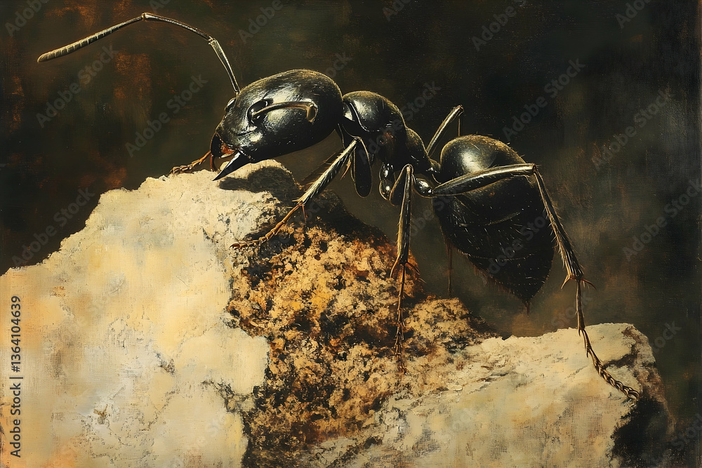 Poster detailed macro image of a black ant exploring a textured surface
