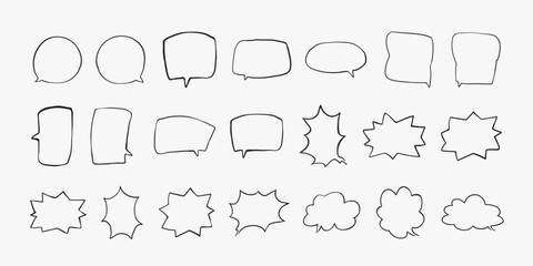 A collection of simple lines hand drawn speech bubbles in various shapes. Set of simple of hand drawn speech bubbles in various sizes and shapes. Set of simple lines hand drawn speech bubbles
