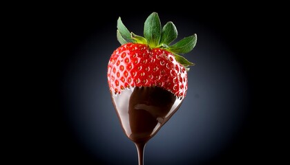 Sweet Decadence: A single, ripe strawberry, partially dipped in a luscious, dark chocolate, exemplifies a perfect dessert treat, photographed against a gradient background.