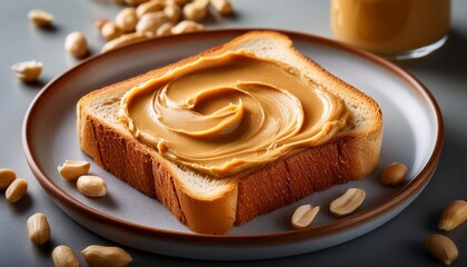 Peanut Butter Bliss: A single slice of toasted bread is generously adorned with swirls of creamy peanut butter, accompanied by scattered peanuts.