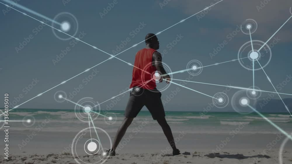 Poster person on beach with network connections and data processing animation overlay