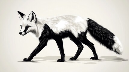 Fototapeta premium Walking Black White Fox Illustration.