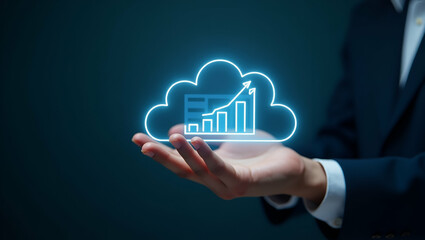 Flat Hand holding holographic scalability icon illustrating ERP software scalability in cloud based environment minimal background concept as A hand displays holographic scalability icon representing 