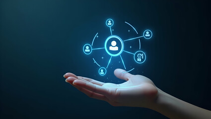 Hand Holding Holographic Chatbot AI Interface: Visualizing Communication Assistance Icons for AI-Driven Customer Support in an Empty Space Concept