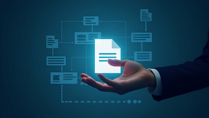 Flat Hand Touching Document Icon: Online Document Management & Digital File Storage Solutions