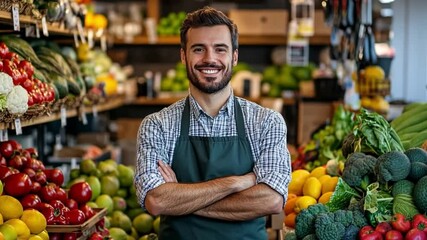 Smiling Grocer: A friendly grocer stands proudly amongst a colorful array of fresh produce in a vibrant market, radiating warmth and promoting healthy living.