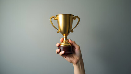 Hand holding large gold first place trophy on grey background victory success concept concept as Hand holding large gold first place trophy on grey background symbolizing victory and success in  Photo