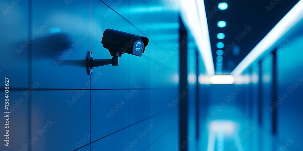 Poster Modern surveillance camera mounted on a sleek metallic wall in a high-tech corridor with blue lighting creating an ambiance of security and monitoring.