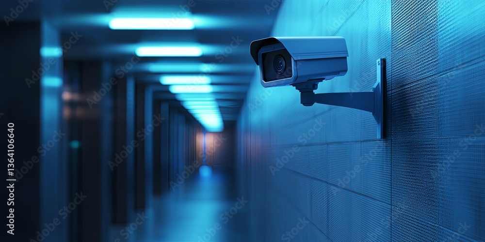 Poster Modern surveillance camera mounted on a sleek metallic wall in a high-tech corridor with blue lighting creating an ambiance of security and monitoring.