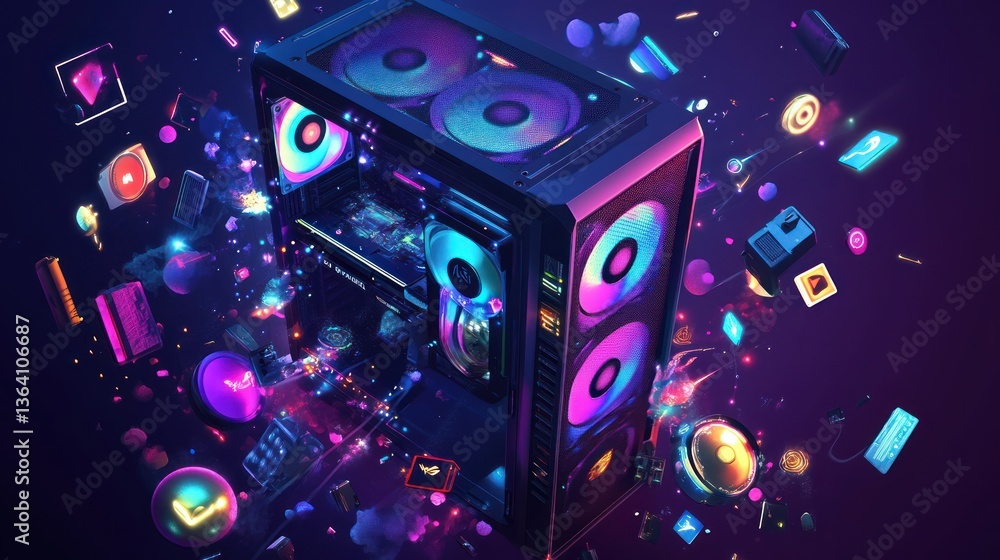 Poster a vibrant high performance computer with floating components and colorful lights