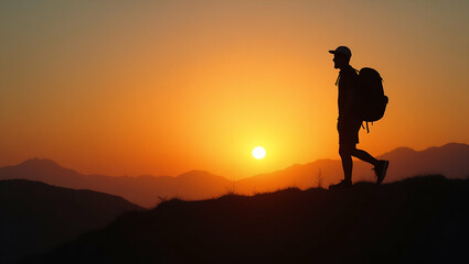 Obraz premium Silhouette of Young Backpacker Walking at Sunset: Adventure Travel Exploration in Scenic Setting