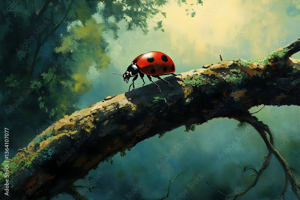 Poster artistic rendition of a ladybug perched on a branch in a forest scene