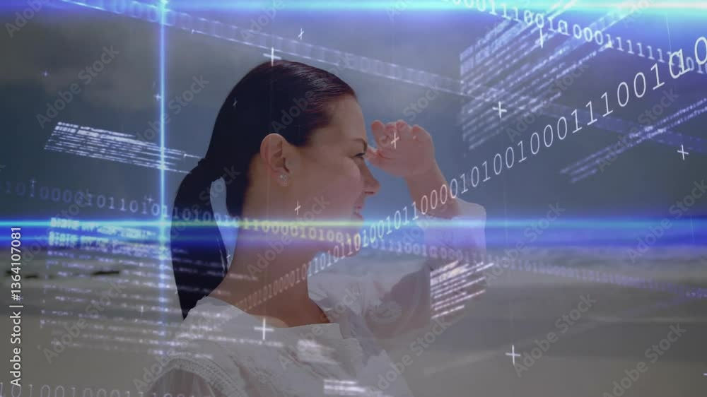 Poster on beach, woman interacting with digital binary code and animation overlay