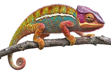 Obraz premium Colorful chameleon on branch, isolated, jungle background, nature