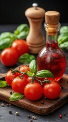 Fresh red tomatoes with fragrant basil leaves on a wooden cutting board ready for culinary use