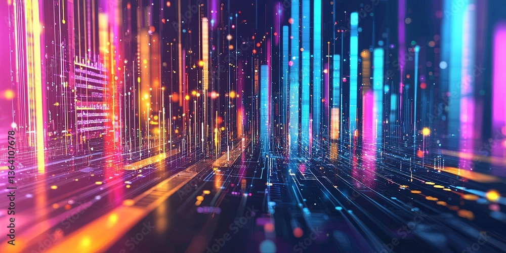 Aufkleber abstract colorful data visualization with glowing lines, bars, and dots representing digital growth,
