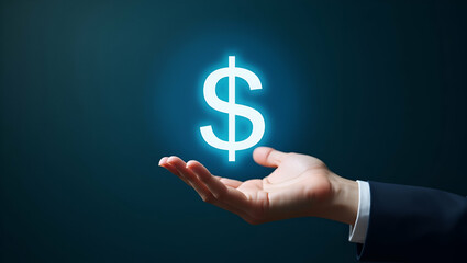 Flat Hand presenting holographic investment banking jobs symbol representing investment banking jobs in empty space background concept as A hand showcases holographic investment banking jobs symbol il