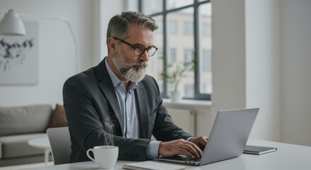 Fototapeta premium Focused businessman working on laptop in modern office space