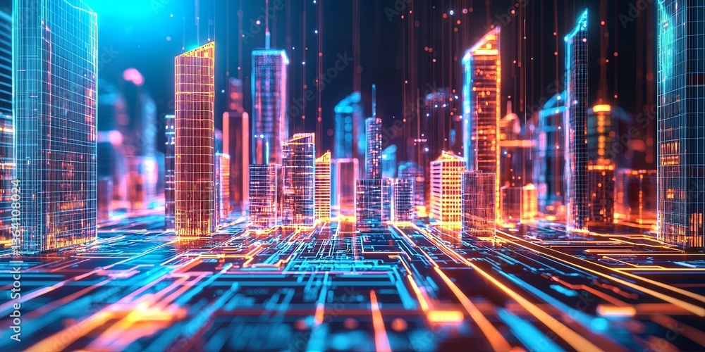 Poster abstract futuristic cityscape with vibrant neon lights and glowing skyscrapers creating a high-tech 