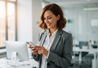 Professional woman in office attire using smartphone in modern corporate setting