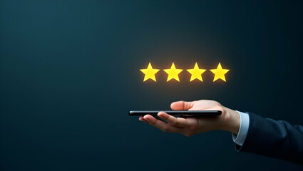 Flat Hand Giving Five Star Rating on Holographic Feedback Interface: Showcasing Customer Satisfaction on Mobile Phone in a Minimalist Vector Illustration for Smart Business