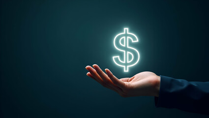 Hand Presenting Holographic Investment Startup Funding Symbol in Minimalist Background
