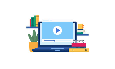online learning scene with a laptop headphones and educational materials logo