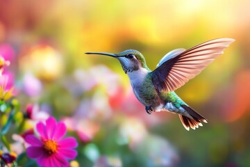 Fototapeta premium Colorful hummingbird in flight among vibrant flowers at sunrise
