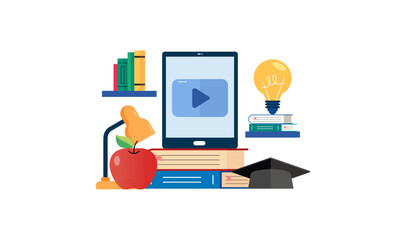 online learning scene with a laptop headphones and educational materials logo