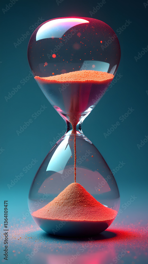 Poster chromatic hourglass with iridescent sand that shifts colors dynamically, enhanced by polarized glass