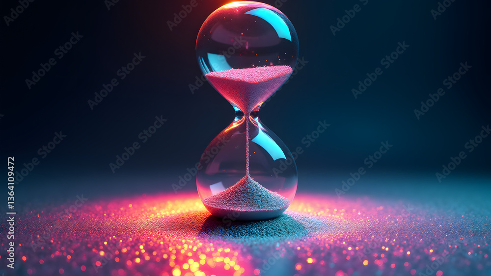 Poster chromatic hourglass with iridescent sand that shifts colors dynamically, enhanced by polarized glass