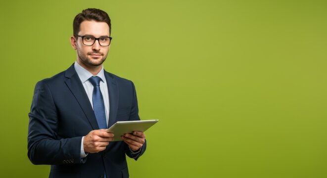Professional businessman with tablet against green background for corporate and technology concepts