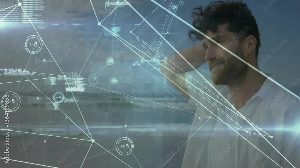 Poster man standing by window with digital network connections overlay animation