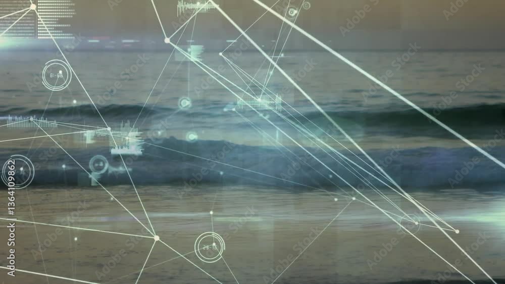 Poster network of connections and data processing animation over ocean waves